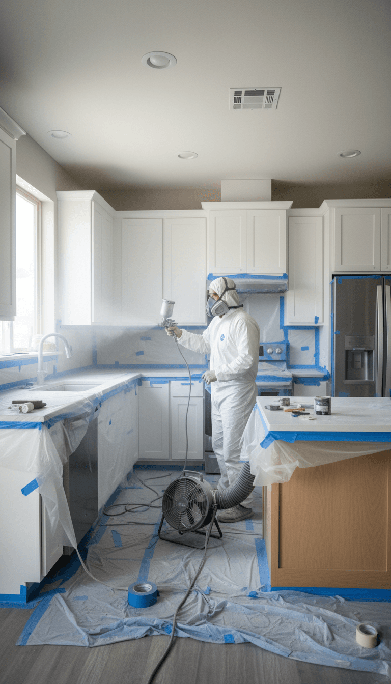 Painter spraying kitchen cabinets with careful masking