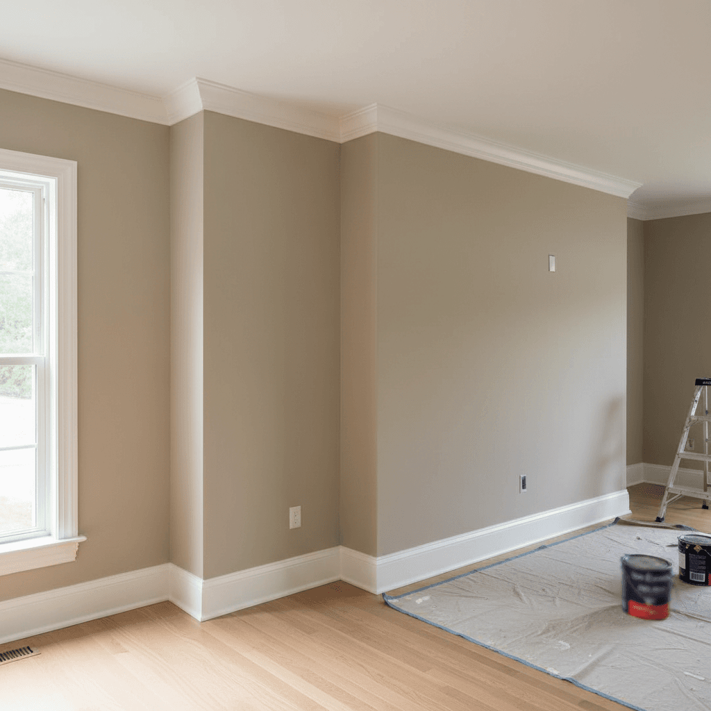 Freshly painted neutral living room walls with crisp white trim and clean corners
