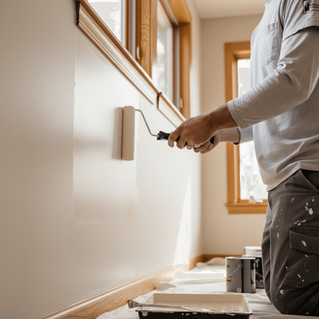 Professional painter rolling paint on a wall in a bright modern room
