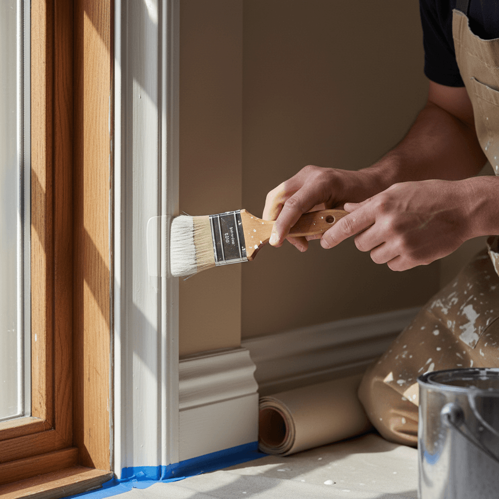 Professional painter cutting in along trim with brush in bright room